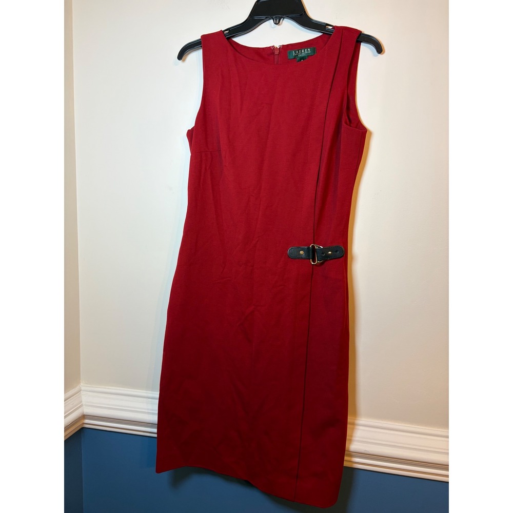 Lauren Ralph Lauren Sheath Dress Women 8 Red Buckle Faux Wrap Sleeveless Ponte